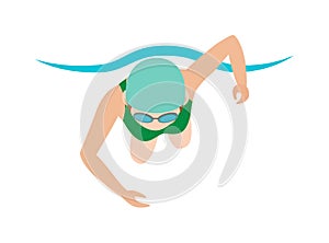 Dynamic and fit swimmer in cap breathing performing butterfly stroke pool sport vector illustration.