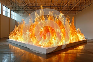 Dynamic Flame Sculpture Art Installation in Modern Gallery Space