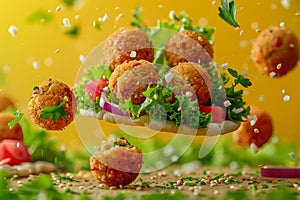 Dynamic Floating Falafel Wrap with Fresh Salad and Tahini Drizzle Against Yellow Background