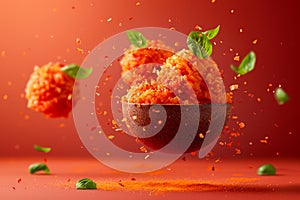 Dynamic Floating Fried Chicken Balls with Herbs and Spices on Red Background Culinary Delights in Motion