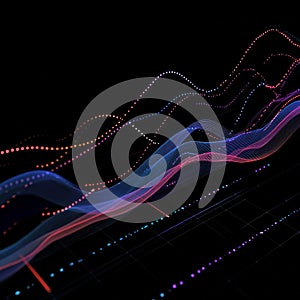 Dynamic flow of colorful digital waves and data points on black background