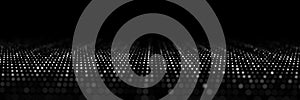 Dynamic flow of digital particles. Perspective grid with dots. Network connection structure. Big data visualization. 3D rendering
