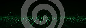 Dynamic flow of digital particles. Perspective grid with dots. Network connection structure. Big data visualization. 3D rendering