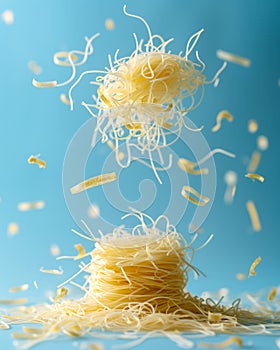 Dynamic Flying Pasta Nests on a Bright Blue Background Creative Food Concept Photograph