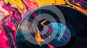 Dynamic footage of a vinyl record effortlessly rotating showcasing a mesmerizing display of colorful and abstract