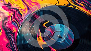 Dynamic footage of a vinyl record effortlessly rotating showcasing a mesmerizing display of colorful and abstract photo