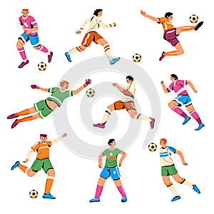 Dynamic football athletes poses, soccer players