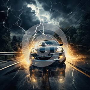 Dynamic Forces Collide: Lightning Unleashes Fury Upon a Moving Vehicle