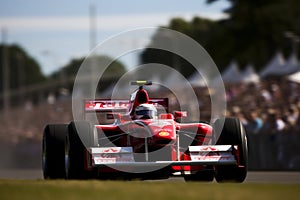 Dynamic formula 1 race track scene capturing speed, adrenaline, spectators, and sponsor banners