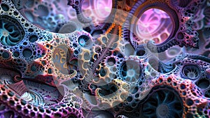 Dynamic fractal complexity: detailed 3D patterns interwoven in a multitude of colors, portraying a harmonious blend of