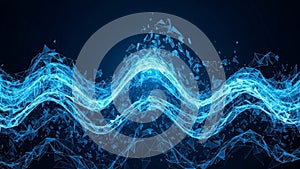 Futuristic blue digital wave pattern with exploding geometric particles