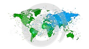 Dynamic global network visualization showing interconnected continents and digital data flow across the world.