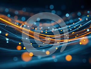 Dynamic glowing abstract lines with blue and orange light particles creating a sense of flow and movement in a futuristic digital