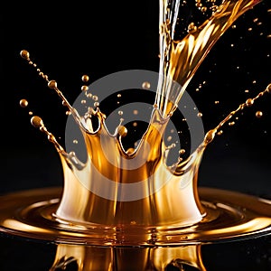 Dynamic gold liquid splash, bursting oil droplets water impact