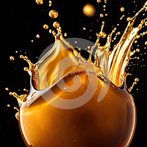 Dynamic gold liquid splash, bursting oil droplets water impact