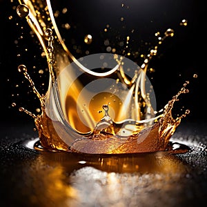 Dynamic gold liquid splash, bursting oil droplets water impact