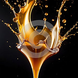 Dynamic gold liquid splash, bursting oil droplets water impact