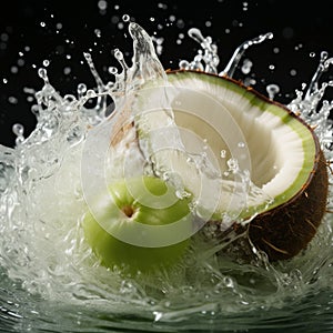 Dynamic Green Coconut Water Splash On White Background