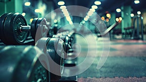 Dynamic Gym Scene: Close-Up of Dumbbells Amidst Bustling Atmosphere