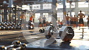 Dynamic Gym Scene: Close-Up of Dumbbells Amidst Bustling Atmosphere