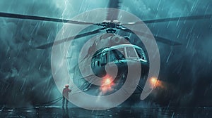 Dynamic Helicopter Scene in the Rain A Speedpainting Masterpiece photo