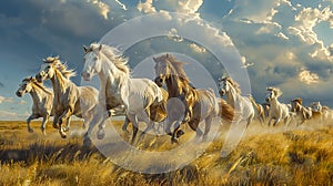 Dynamic Herd of Horses Charging Across the Field with a Dramatic Sky Overhead
