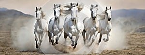 A dynamic herd of white horses galloping in the desert, dust trailing. Panorama with copy space. Banner.