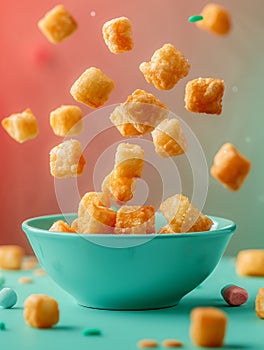 Dynamic High Speed Capture of Tater Tots Tumbling Above Blue Bowl on Vibrant Teal Background with Copy Space