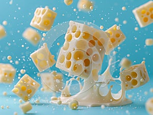 Dynamic High Speed Photography of Cheese Block Chunks Splashing into Milk with Flying Droplets on Blue Background