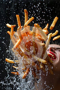 Dynamic High Speed Photography of Person with Mouth Open Catching Flying French Fries Amidst Splashing Water