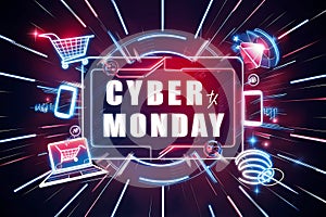 Dynamic, high-tech Cyber Monday banner with digital shopping elements photo