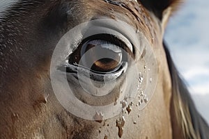 Dynamic horse\'s eye captures attention against cloudy sky, untamed mane