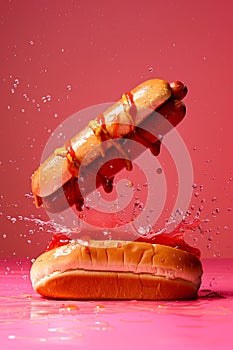 Dynamic Hot Dog with Ketchup Splash on Vibrant Pink Background Fast Food Concept Photography