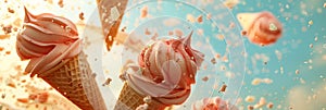 Dynamic ice cream cones exploding with sprinkle and crumb in mid-air against blue sky banner. Panoramic web header. Wide