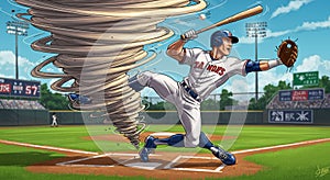 A dynamic illustration of a baseball player in a stadium. The player, dressed in a white