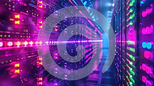 A dynamic illustration of a bitcoin mining operation with rows of computers processing transaction