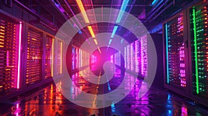 A dynamic illustration of a bitcoin mining operation with rows of computers processing transaction