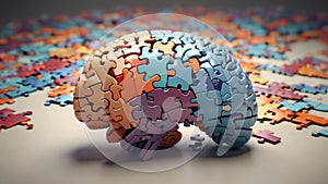 A dynamic illustration of a brain made up of puzzle pieces, each representing a different function or process, coming