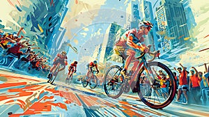 Dynamic illustration of cyclists competing in a high-speed urban race