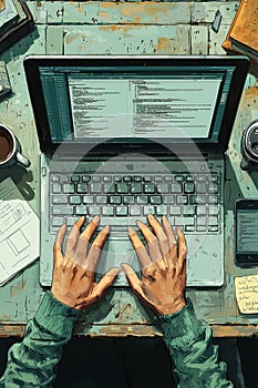 Illustration of hands typing on a laptop keyboard at a workspace