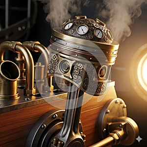 A dynamic illustration of a steampunk engine piston exploding with fire, smoke, and gears. This detailed artwork