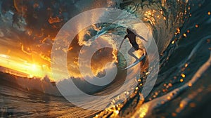 Dynamic illustration of surfing action, realistic image depicting engaging water sports