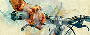 Close-up of a cyclist& x27;s hand gripping the handlebars during a ride photo