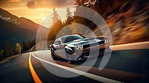 Dynamic image captures a sport car in action on a road, showcasing the exhilaration of high-speed motion photo