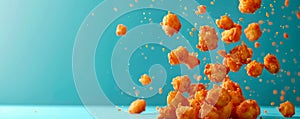 Dynamic Image of Cheese Puffs Scattered Mid Air on a Vibrant Blue Background Concept for Snacks and Fast Food Advertisement