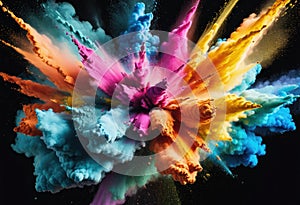 A dynamic image of colored powders colliding in mid-air
