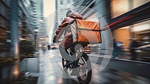 Fast food delivery cyclist speeding through urban street