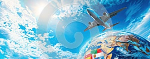Airplane soaring above the globe with international flags and blue sky