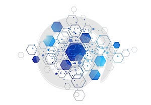 Abstract futuristic network structure with blue hexagons and molecular connections white background