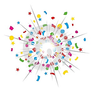 Exploding Colorful Confetti with Rays on a White Background